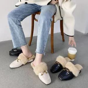 여성 겨울 금장 밍크털 뮬 블로퍼 여자 밍크퍼 슬리퍼 WCBDE50