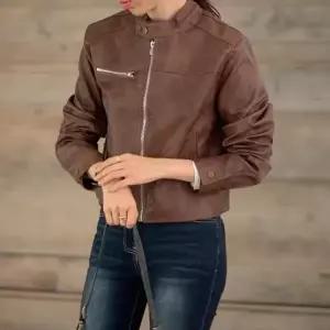 여성 라이딩 자켓 버튼 집업 시크 세미크롭 가죽 재킷