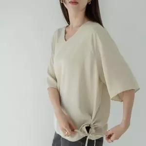 여자 여름 빅사이즈 스트랩 언발 브이넥 반팔 블라우스