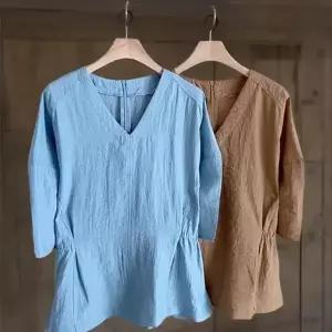 여성 여름 리넨 브이넥 핀턱 반팔 티셔츠