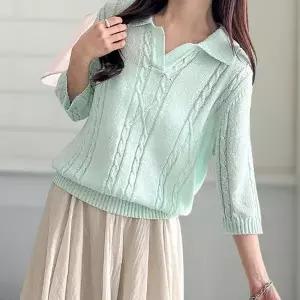 여성 카라넥 여름 반팔 시스루 꽈배기 니트 티셔츠