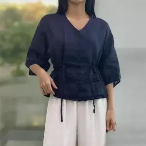 여성용 브이넥 린넨 7부 프릴 블라우스 클래식 스타일