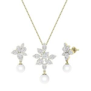 블래즐링록 컬렉션 라운드 컬처드 담수 진주 & 마퀴즈, 화이트 다이아몬드 달링 펜던트 목걸이 및 귀걸이 세트 14K 솔리드 골드