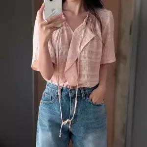 여성 러플 디테일 스트링 시스루 모달 반팔 블라우스