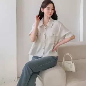 린넨셔츠 스토퍼 밑단조절 금장단추 반팔남방 카라