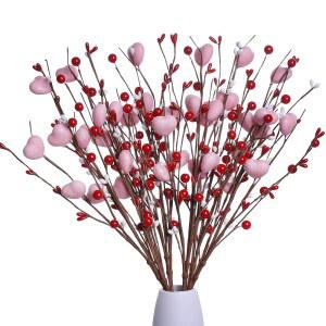 J'FLORU 발렌타인 u2019s Day 장식 6팩 발렌타인데이, 발렌타인 데코 기념 결혼식 장식으로 핑크 분홍색 하트가 있는 베리 스템 선택 (레드 / 핑크 분홍색)