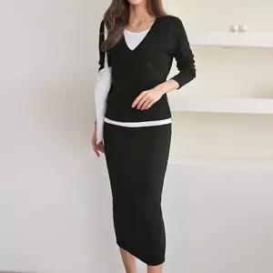 여성 봄 가을 면 스판 레이어드 긴팔티 H라인 롱 스커트 세트 SST0044S