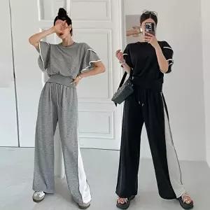 [유야]여성 면 무지 날개 배색 반팔티 와이드팬츠 세트 SPST0397 여름