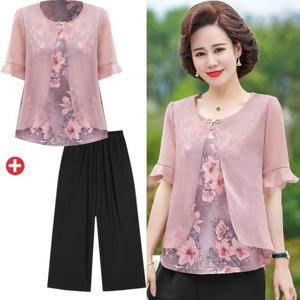 6 여름 중년여성 쉬폰 반팔 블라우스 투피스 루즈핏 엄마옷 상하의 세트 50대