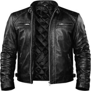 TLC 남성 가죽 재킷 양가죽 퀼팅 어깨 볼드 바이커 카페 레이서 스타일