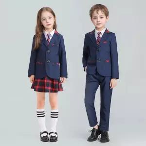 투버튼 네이비 레드 체크 라인 교복 세트 자켓 셔츠 타.