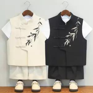 대나무 프린팅 반팔 반바지 창파오 공연 무대 의상 세.