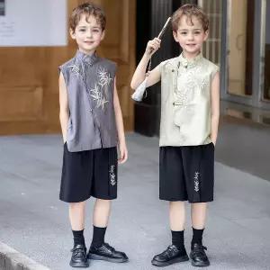 하이넥 창파오 대나무 자수 공연 무대 의상 세트.