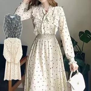 봄원피스 꽃무늬 여성 쉬폰 프릴 플라워 롱 드레스 (KYR-WEE8EC1)