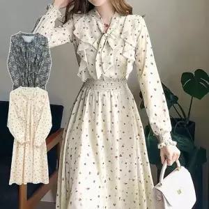 봄원피스 꽃무늬 여성 쉬폰 프릴 플라워 롱 드레스 (KYR-WEE8EC1)