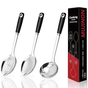 대형 스틸 스테인리스 무지논 국자 수프 쿠킹 헤비 3팩 서빙 및 18/0 14인치 상업용 슬롯 스푼 주거용 세트 듀티