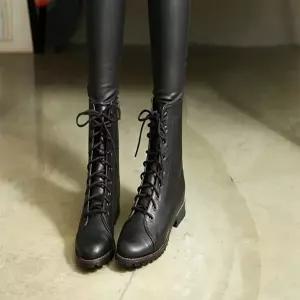 플랫슈즈굽 워커부츠 레이스업 둥근코 지퍼-WFIYYHE