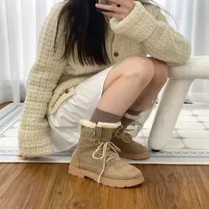 레이스업 따뜻한 둥근코 스웨이드 털워커부츠 여자-WFIYYIG