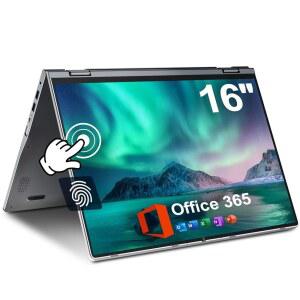 점퍼 16인치 2인치 1인치, FHD 360도 터치스크린이 장착된 컨버터블 노트북 컴퓨터, 640GB 스토리지, 16GB RAM, 지문 인식기, 백라이트 키보드 셀러론 N5095, 53.2WH, WiFi, 1년 오피스 365