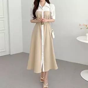 깔끔한 셔츠 디자인 배색 벨트 롱원피스 오피스 (KYR-WFH75JY)