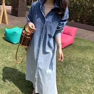 데일리룩 루즈핏 워싱 투톤 배색 데님 롱원피스 (KYR-WFGX4KL)