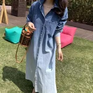 데일리룩 루즈핏 워싱 투톤 배색 데님 롱원피스 (KYR-WFGX4KL)