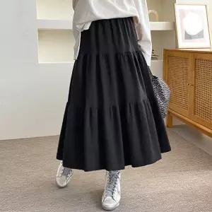 [유야]여성 면 무지 플레어 3단 캉캉 롱 스커트 -FSK0072- 봄 가을