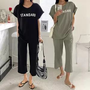 [유야]여성 면 롤업 반팔티 바지 트레이닝 세트 -FPST0390- 여름