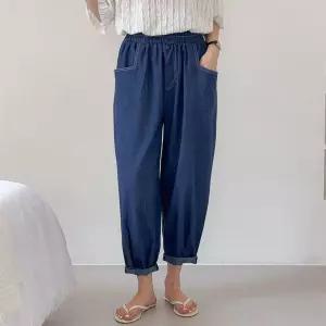 여자 스티치 핀턱 벌룬 와이드핏 여름 밴딩 청바지