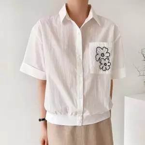 여자 여름남방 플라워 자수포켓 롤업반발 파랑 셔츠