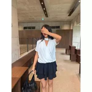 [하프클럽/샵앤]국산 여성 리본타이 X자셔링 정장 반팔 블라우스 MCR-WBL-4681-