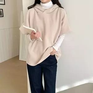 여성 반팔 루즈핏 골지 후드 니트 캐주얼 티셔츠 (KYR-WFHAG02)