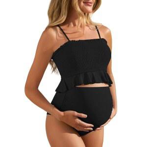 여름 메이 임산부 하이 웨이스트 수영복 러플 헴 비키니 셔레드 반도 투피스 임신