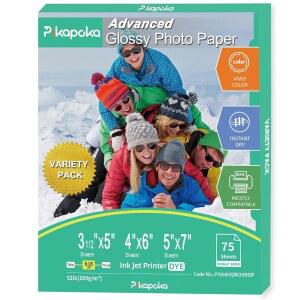 피카포카 광택 사진 용지 3.5x5, 4x6, 5x7, 잉크젯용 프린터 용지, 75가지 버라이어티 팩, 다양한 크기, 52파운드 / 200gsm