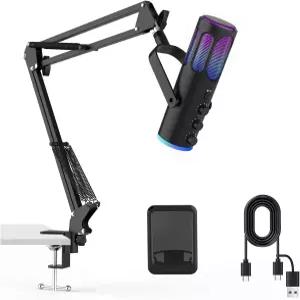 게이밍 마이크 PC용 USB 콘덴서 PS4 /5 및 Mac용 소음 제거 컴퓨터 음소거 리버브 모니터링 조절 가능한 붐