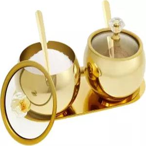 트레이가 있는 나우키노 2팩 슈가볼 투명 유리 뚜껑과 숟가락이 스테인리스 스틸 슈가 병 커피 바