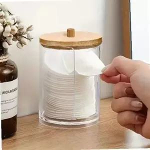 대나무 덮개 투명 아크릴 원통 면봉 화장솜 악세사리 소품보관함