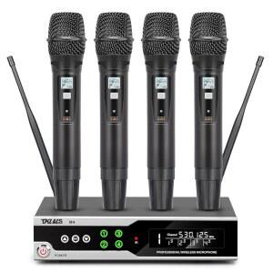 [미국배송] TKLBLS 무선 마이크 시스템 휴대용 마이크가 있는 4채널 UHF 듀얼 노래방 마이크로포노 세트 300FT 범위 공연 컨퍼런스 결혼식에 적합