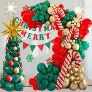 크리스마스 파티 장식을 위한 레드 그린 골드 트리 캔디 지팡이 황금 물방울 폭발하는 별 풍선 갈랜드 아치