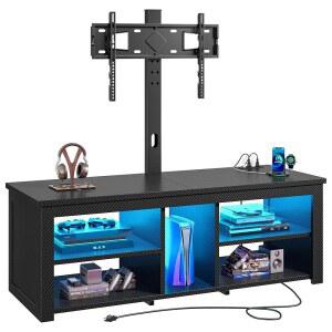 마운트 및 LED 조명이 있는 로모르니즈 TV 스탠드 거실용 전원 콘센트가 70인치 모던 우드 엔터테인먼트 센터, 침실용 게이밍 콘솔, 카본 파이버 블랙