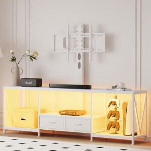 55,65,75인치 TV용 마운트가 있는 닌핀 63인치 W TV 스탠드, 전원 콘센트 및 LED 조명이 엔터테인먼트 센터, 높이 조절 가능한 콘솔 테이블, 열린 수납 선반 패브릭 서랍(흰색, W)