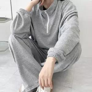 봄가을 오버핏 맨투맨 핀턱 와이드팬츠 트레이닝 세트 WED682F