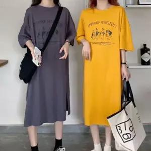 루즈핏 프린팅 반팔 롱원피스 밑단 트임 여름 캐주얼 WEE9272