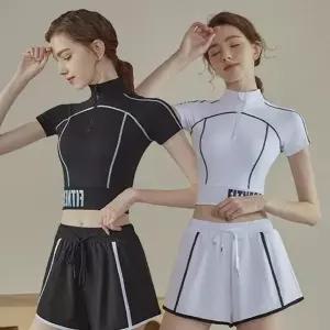 [골드스마일]크롭티 패드내장 반팔 스포츠 상의 헬스 운동 체형보정 커버업 스판