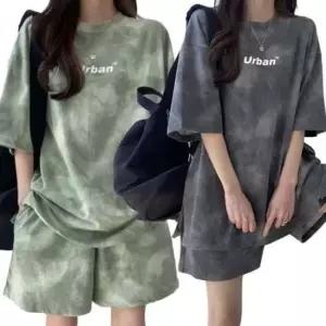 여성용 타이다이 하절기 스타일 나염 숏팬츠 하프티 세트상품 하프티 후드스웨트 트레이닝세트