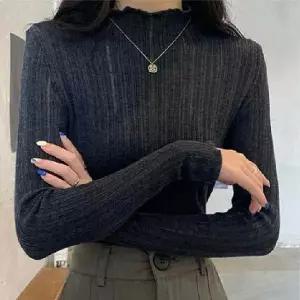 여성 시스루 골지 세미 터틀넥 긴팔 니트 티셔츠 골지니트