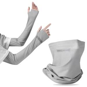 UV 보호 넥 게이터 햇빛 차단 팔 슬리브 세트, UPF 50+ 쿨링 실크 페이스 마스크 및 가리기 위한 압축 그레이