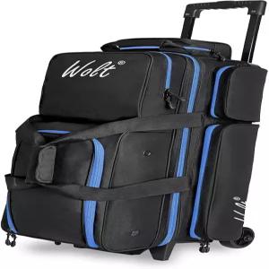 휠이 달린 WOLT 볼링백 3개 신발 수납공간과 액세서리 포켓이 있는 접이식 손잡이가 38개까지 늘어났습니다