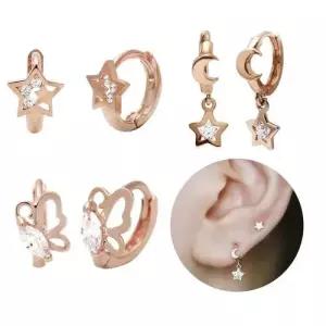 14K 금 큐빅 별 나비 로즈골드 링 피어싱 귀찌 귀걸이 W5D02FF