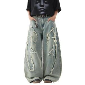 DFGIGT 남성 배기 청바지 패치워크 자수 와이드 엣지 데님 레그 팬츠 페이딩 프린지